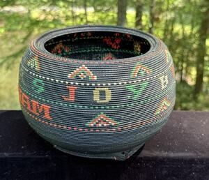 Indigenous Woven Basket Black Colorful Panama Handmade Coiled Footed